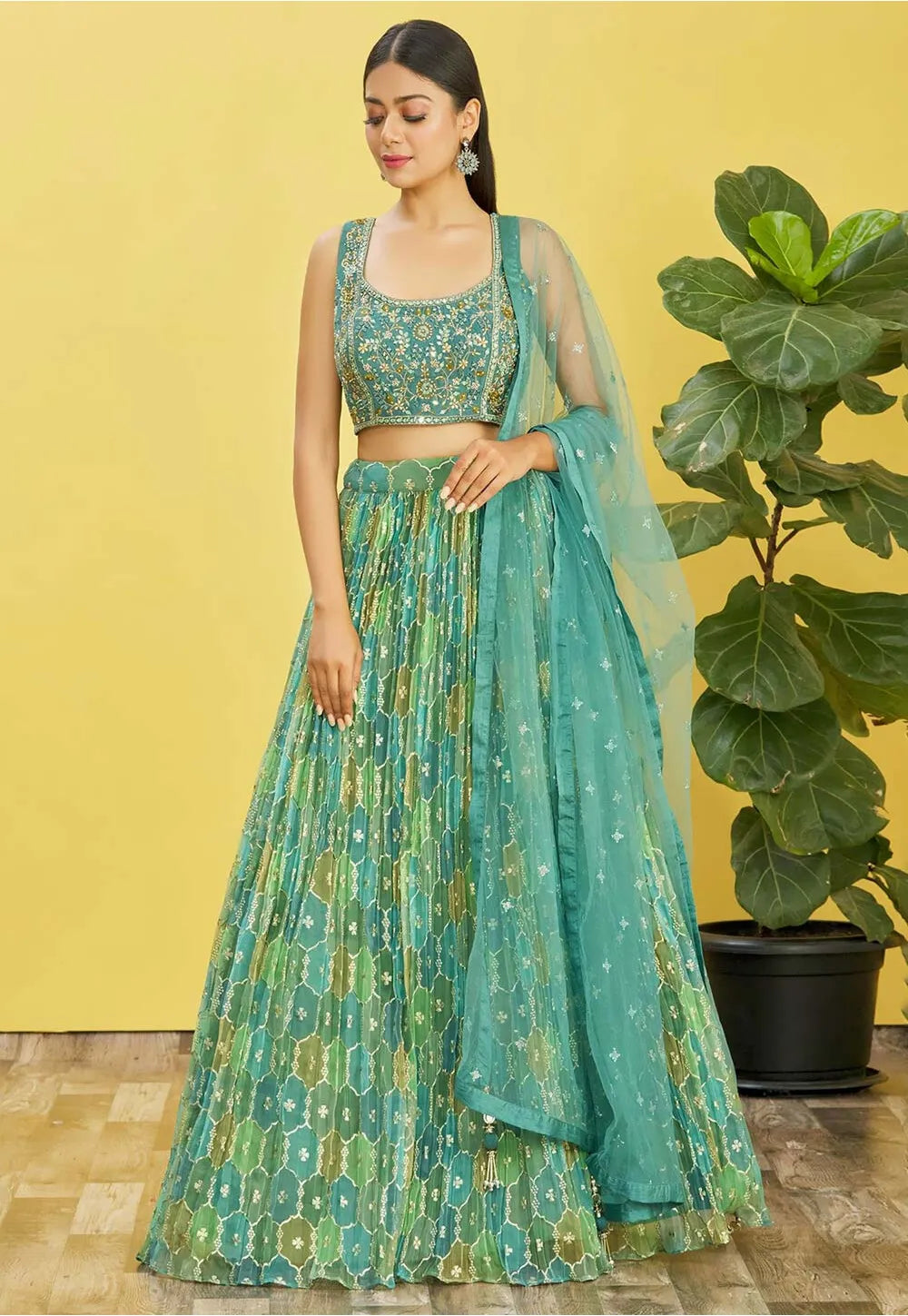 Rama Green Organza Wedding Guest Lehenga Choli Set