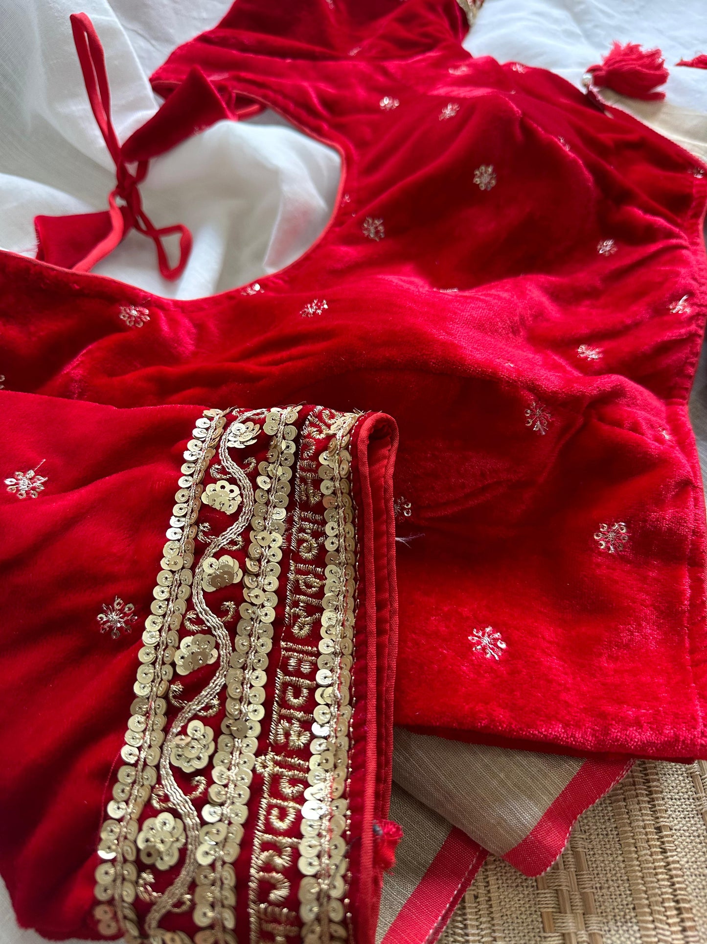 Durga Puja Special Red & White Khadi Linen Saree with Velvet Blouse with Petticoat