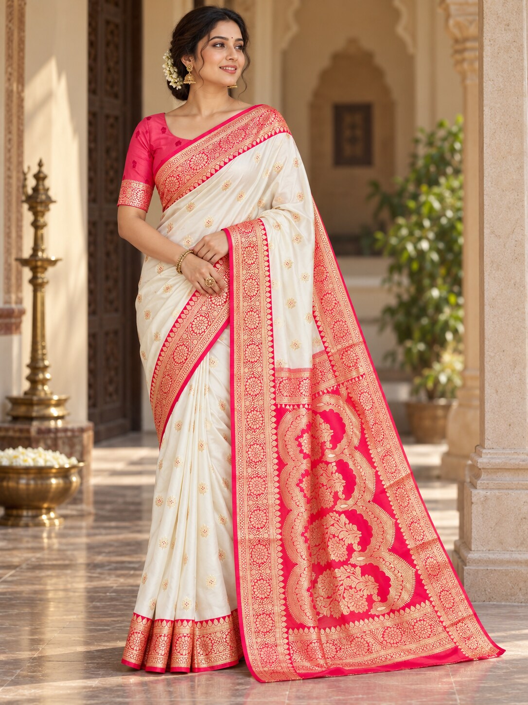 Model wearing white and red pure Banarasi silk saree for Durga Puja