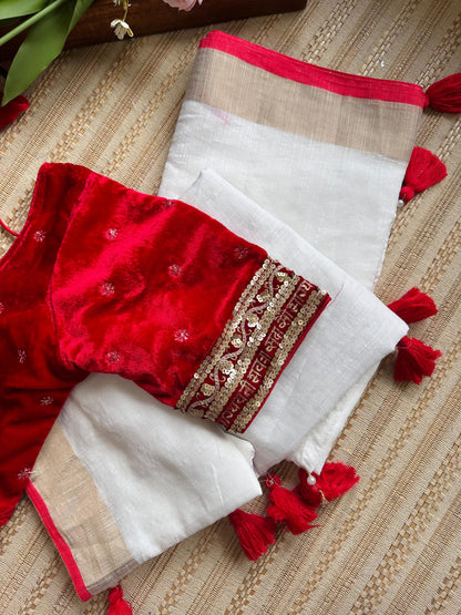 Durga Puja Special Red & White Khadi Linen Saree with Velvet Blouse with Petticoat