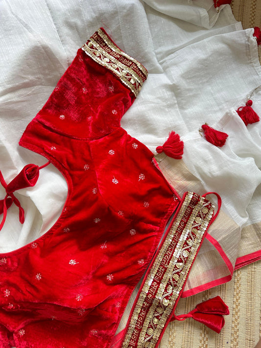 Durga Puja Special Red & White Khadi Linen Saree with Velvet Blouse with Petticoat