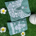 Dusty Green New Designer Chikankari Hand Work Kurti Pant Set