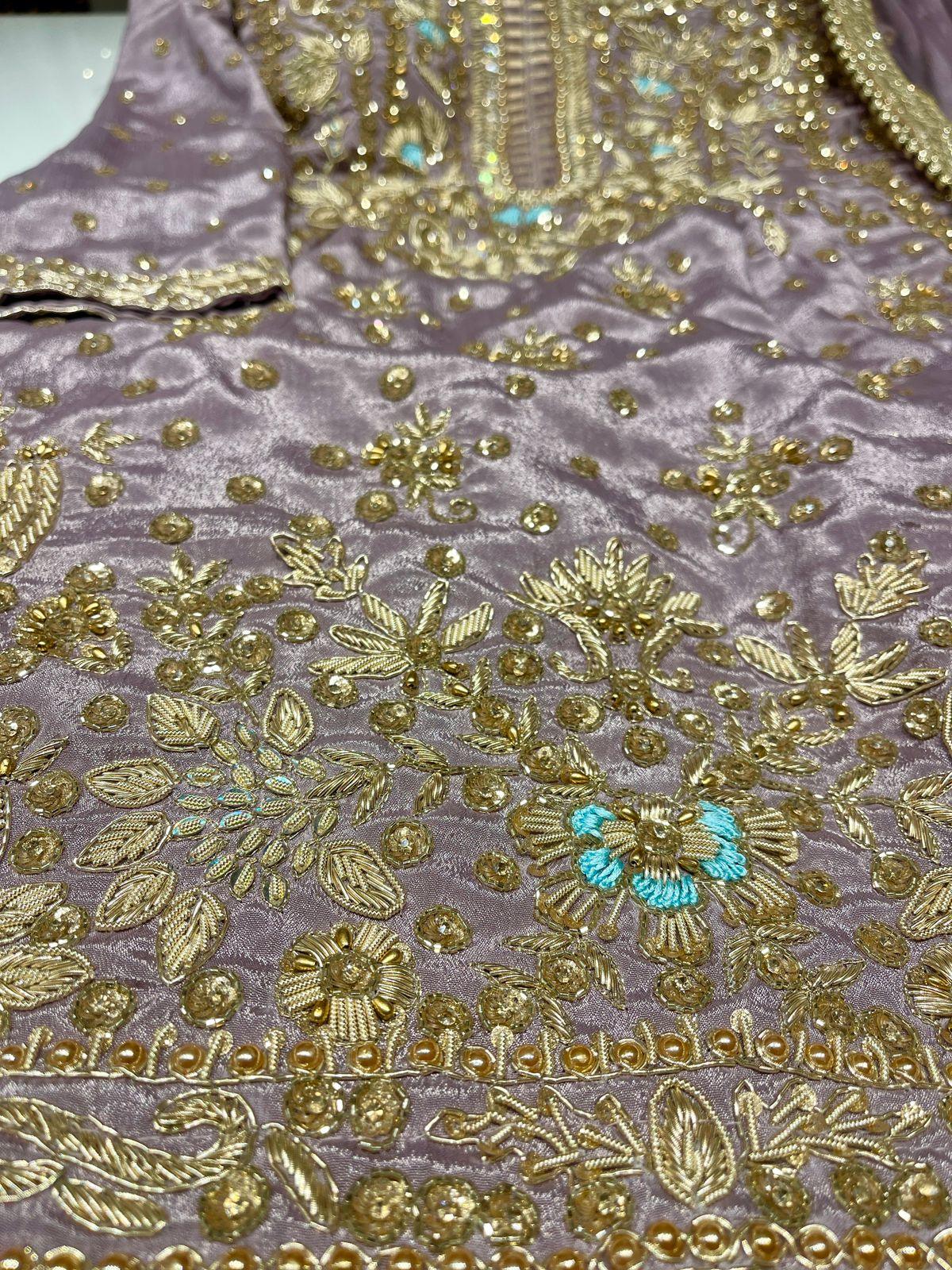 Dusty Lavender Pakistani Suit , Sharara , Dupatta with Heavy Dabka/ Zardozi and Stone Work - Inayakhan Shop 