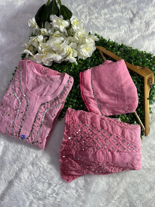 Dusty Pink Best Seller Georgette Mirror Gala Booti Chikankari Set with Beautiful Handwork Embroidery - Inayakhan Shop 