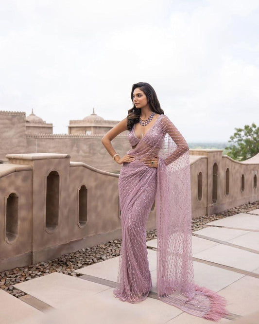 Dusty pink Bridesmaid Enchanting Butterfly Net Saree with Heavy Sequin and Zalar Border - Inayakhan Shop 