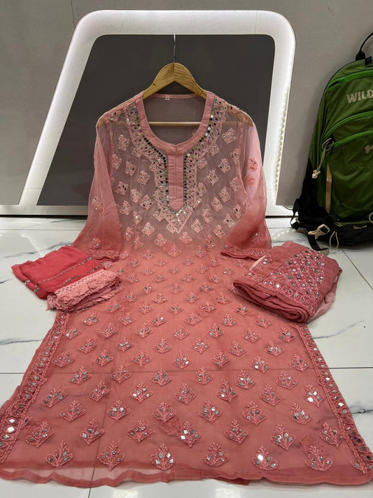 Dusty Pink Chikankari Elegance Ombré Mirror Booti Jaal Set - Kurti, Sharara & Dupatta - Inayakhan Shop 