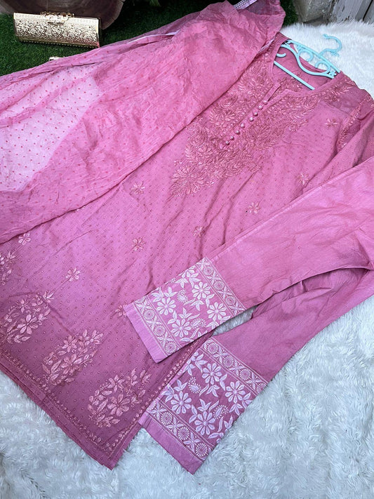 Dusty Pink Chikankari Handwork Cotton Dyeable Set , Dobby Bundi Dupatta from Lucknow - Inayakhan Shop 