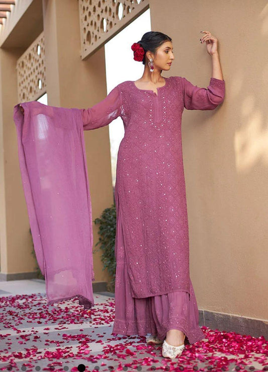 Dusty Pink Ethereal Viscose Bliss: Premium Heavy Jaal Work Viscose Plazzo Set - Inayakhan Shop 