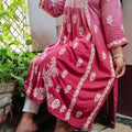Dusty Pink Exclusive Chikankari Work Rayon Naira Cut Kurti and Pant Set