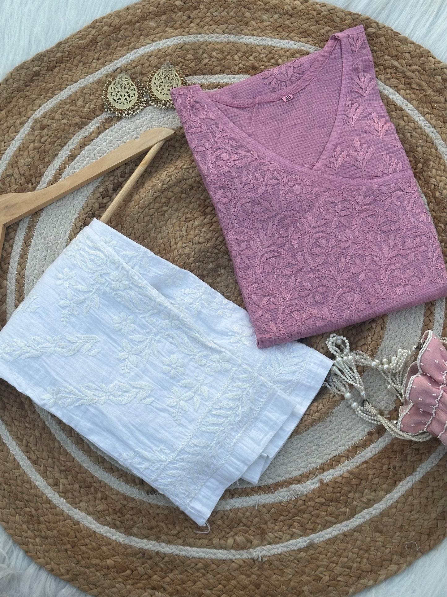 Dusty Pink Exclusive Premium Chikankari Handwork Kota Angrakha Kurti and Pant Set - Inayakhan Shop 