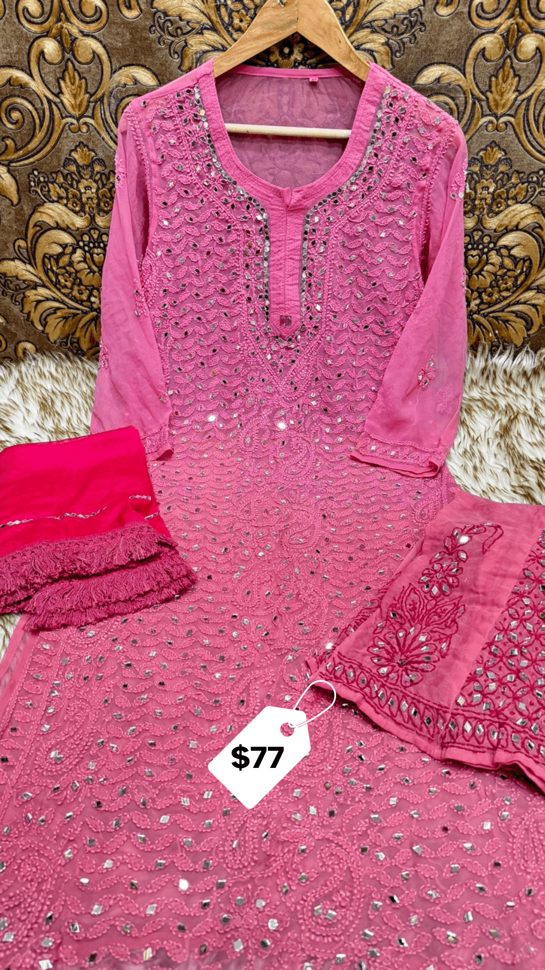 Dusty Pink Lucknowi Chikankari Georgette Full Jaal Work Mirror Kurti Sharara Set with Chiffon Dupatta - Inayakhan Shop 