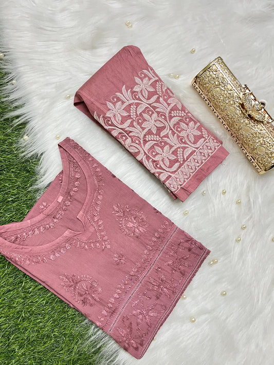 Dusty Pink New Designer Lace Pattern Kurti Set in Cotton Chikankari Handwork - Inayakhan Shop 