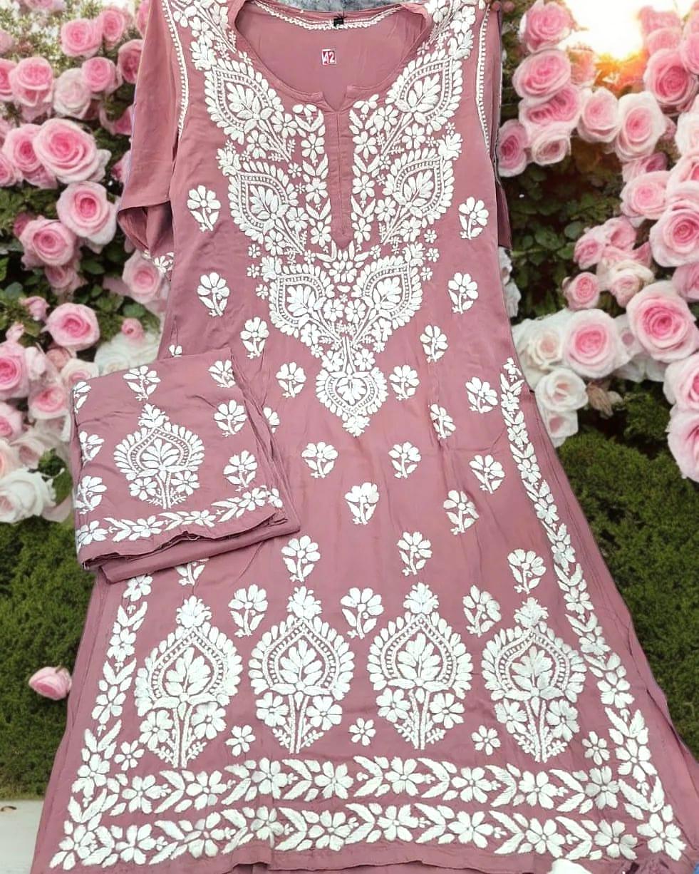 Dusty Pink Premium Heavy Work Lucknow Chikankari Modal Kurti Palazzo Set for Summer - Inayakhan Shop 