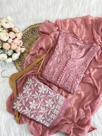 Dusty Rose Color Aurora Breeze Brasso Chikankari Cotton Ensemble 3 Pc Set - Inayakhan Shop 