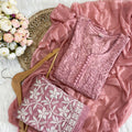 Dusty Rose Color Aurora Breeze Brasso Chikankari Cotton Ensemble 3 Pc Set