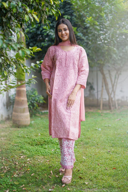 Dusty Rose Color Aurora Breeze Brasso Chikankari Cotton Ensemble 3 Pc Set - Inayakhan Shop 