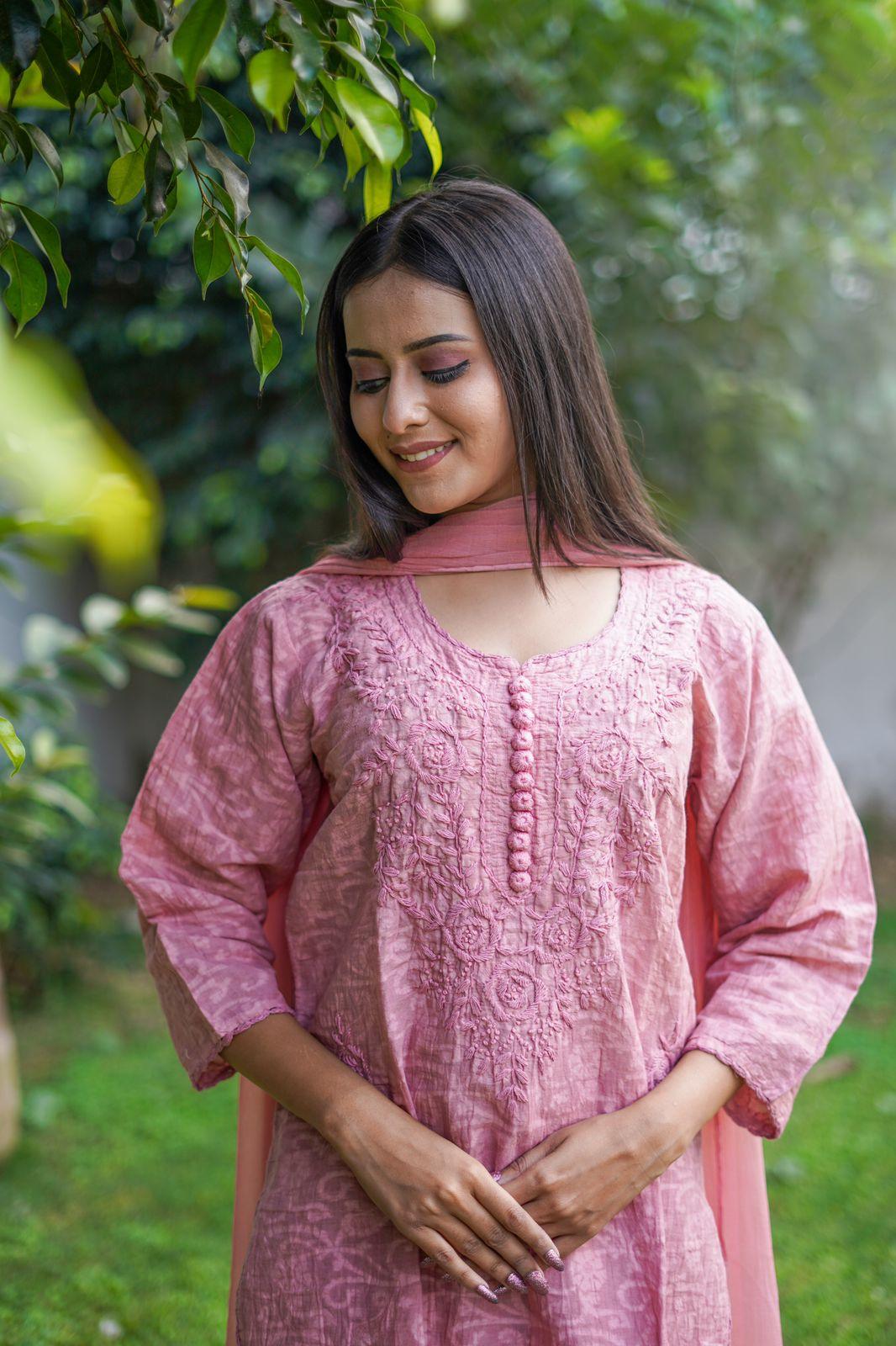 Dusty Rose Color Aurora Breeze Brasso Chikankari Cotton Ensemble 3 Pc Set - Inayakhan Shop 