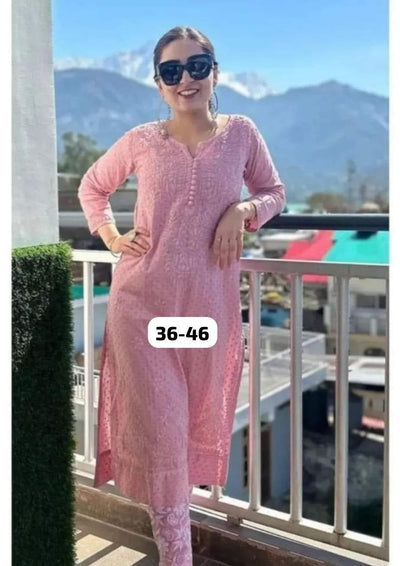 Dusty Rose Cotton Chikankari Hand Work Kurti Suit Salwar Dresses Plus Sizes