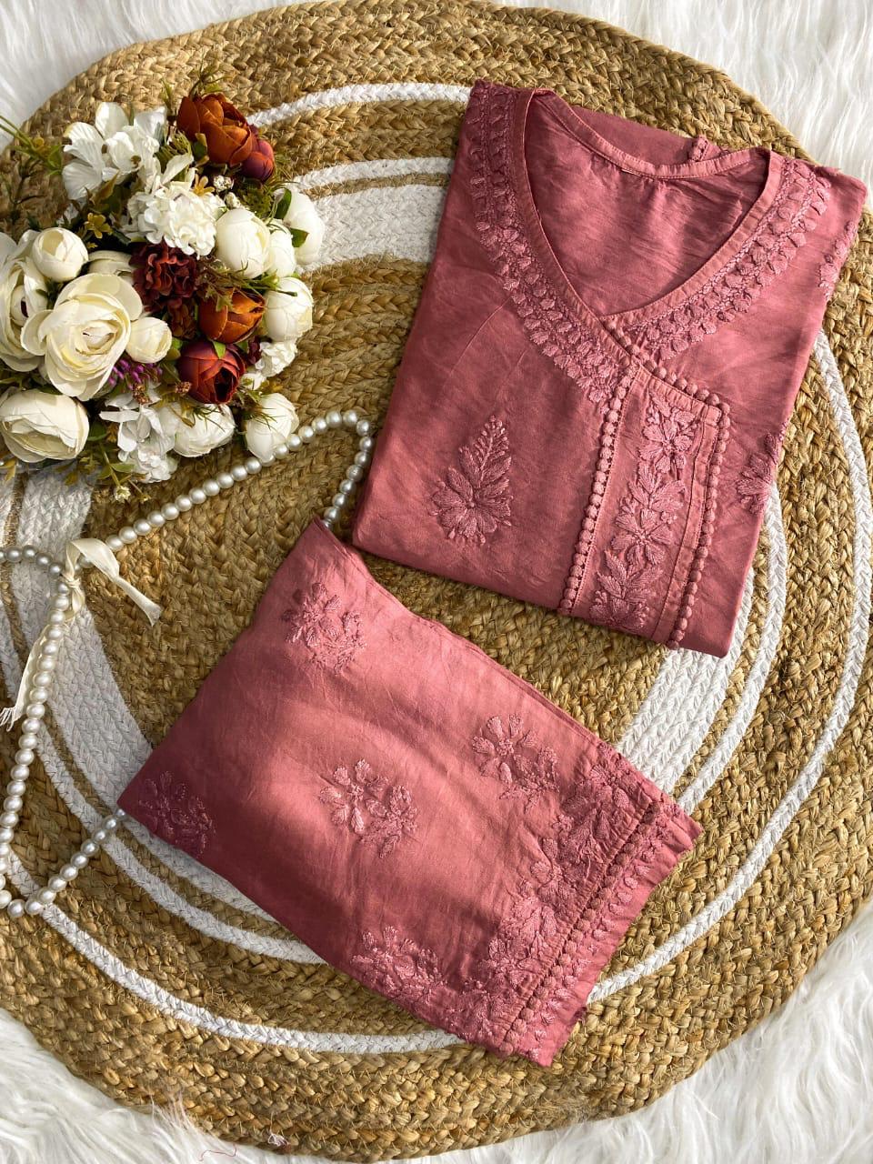 Premium Dusty Rose Brown Chanderi Silk Lucknow Chikankari Kurti & Lace Pant Set