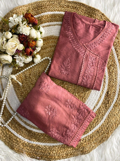 Premium Dusty Rose Brown Chanderi Silk Lucknow Chikankari Kurti & Lace Pant Set