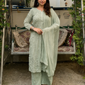 Dusty Mint 3D Lucknow Chikankari Modal Kurta Palazzo & Dupatta Set