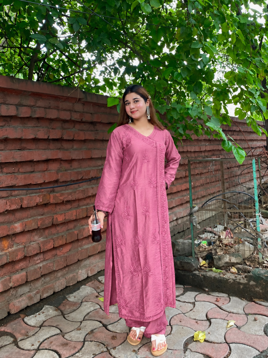 Premium Dusty Pink Chanderi Silk Lucknow Chikankari Kurti & Lace Pant Set (NEW)