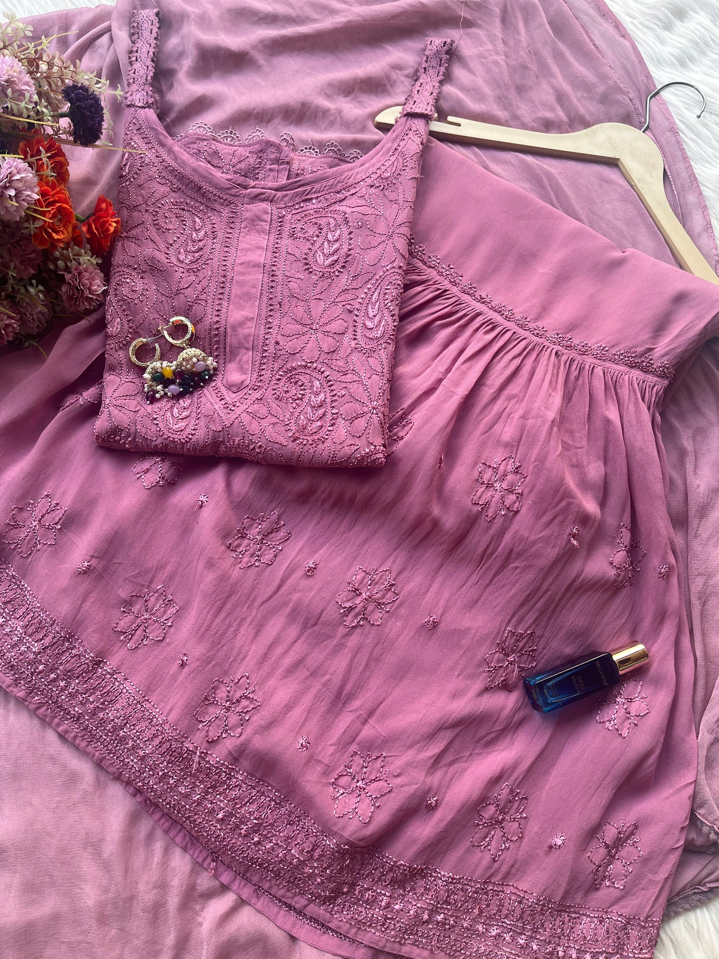 Dusty Pink Lucknow Chikankari Resham Work Viscose Short Kurti & Gharara Set with Chiffon Dupatta