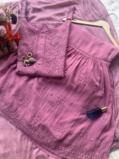 Dusty Pink Lucknow Chikankari Resham Work Viscose Short Kurti & Gharara Set with Chiffon Dupatta