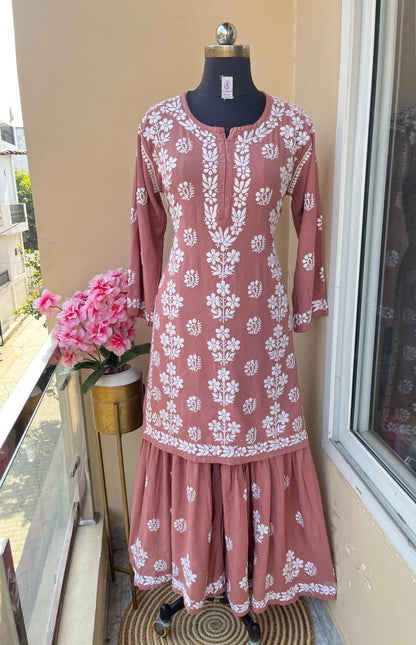 Dusty Pink Premium Kurti & Gharara Co-ord Set – Lucknow Chikankari Handwork