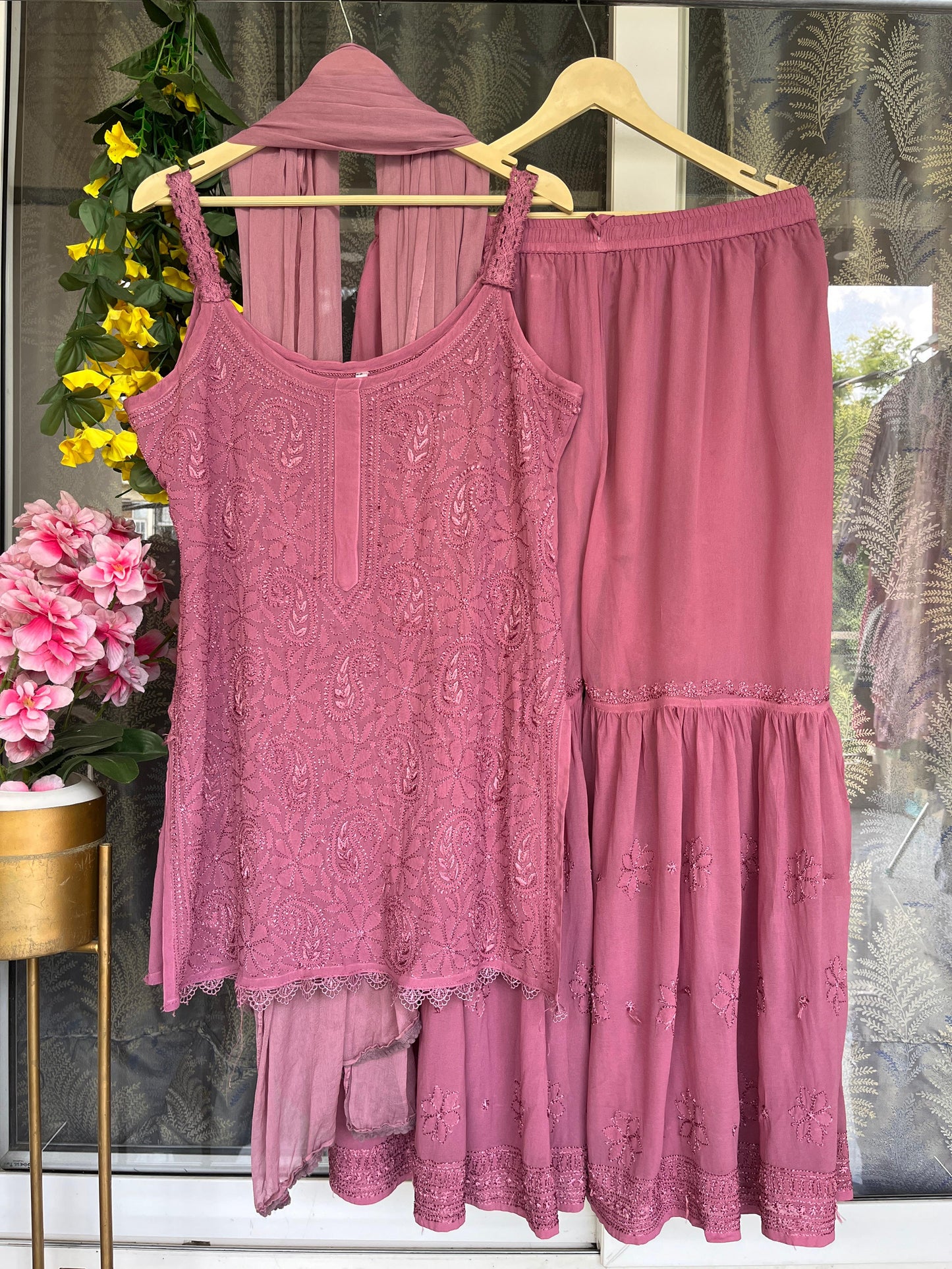 Dusty Pink Lucknow Chikankari Resham Work Viscose Short Kurti & Gharara Set with Chiffon Dupatta