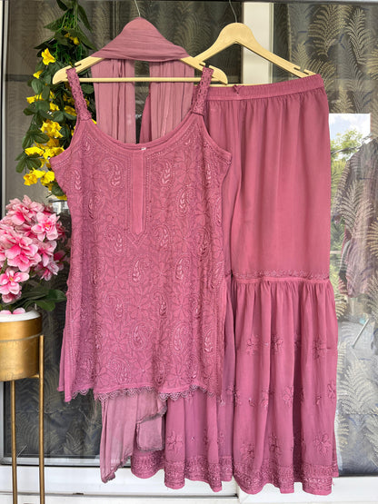 Dusty Pink Lucknow Chikankari Resham Work Viscose Short Kurti & Gharara Set with Chiffon Dupatta
