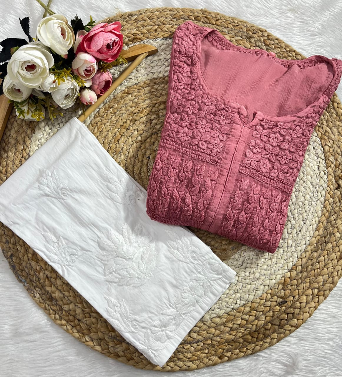 Dusty Pink Chinon Nyra Style 3D handwork Lucknow Chikankari Kurti Set