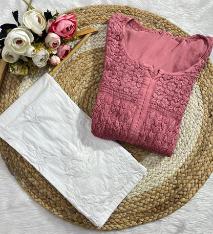Dusty Pink Chinon Nyra Style 3D handwork Lucknow Chikankari Kurti Set