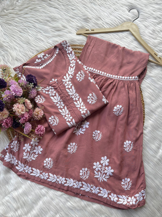 Dusty Pink Premium Kurti & Gharara Co-ord Set – Lucknow Chikankari Handwork