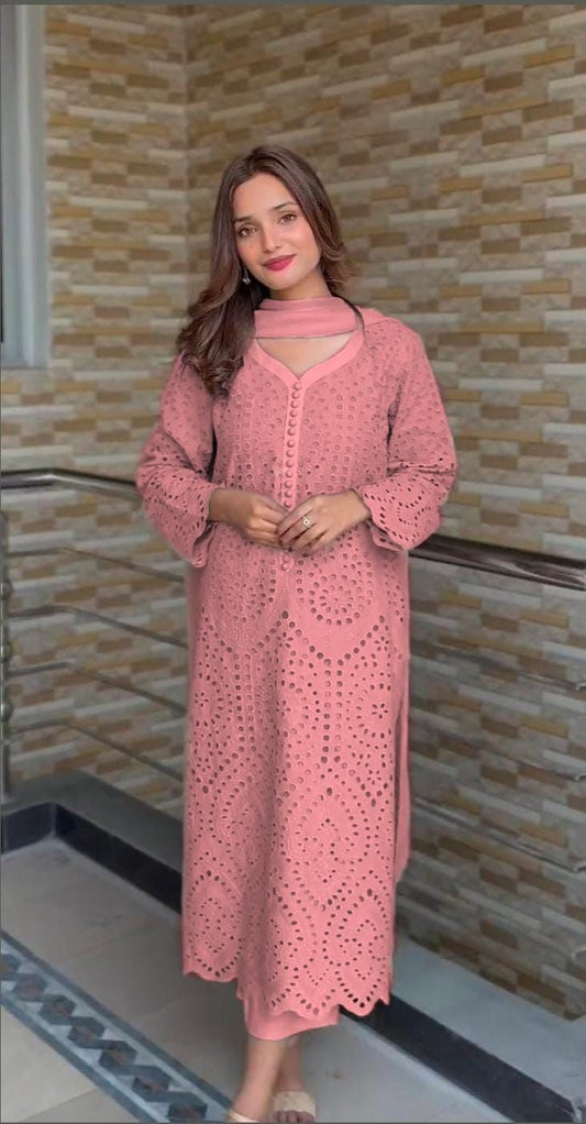 Dusty Pink Chikan Hakoba Designer Ready-to-Wear Suits Plus Sizes available