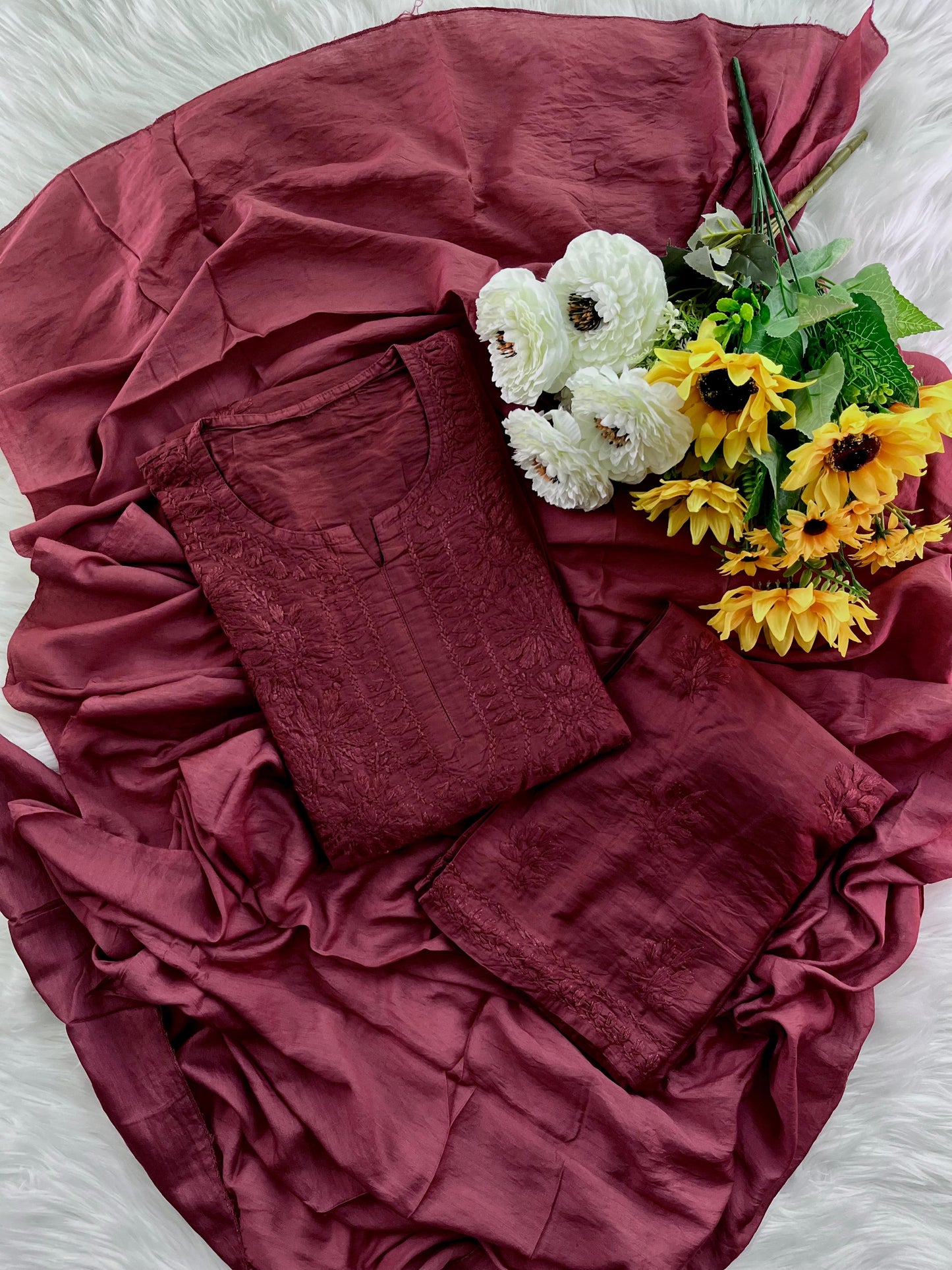 Dusty Pink Handcrafted Tone-on-Tone Lucknowi Chikankari Chanderi Silk Set