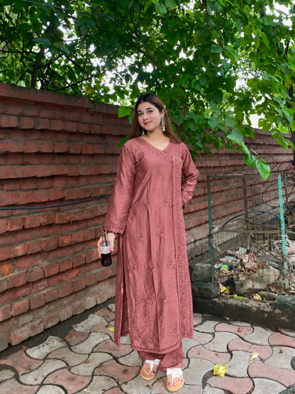 Premium Dusty Rose Brown Chanderi Silk Lucknow Chikankari Kurti & Lace Pant Set