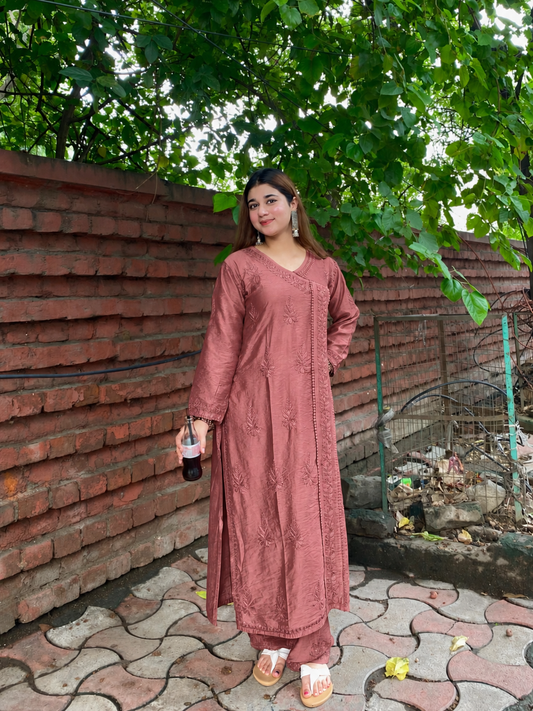 Premium Dusty Rose Brown Chanderi Silk Lucknow Chikankari Kurti & Lace Pant Set