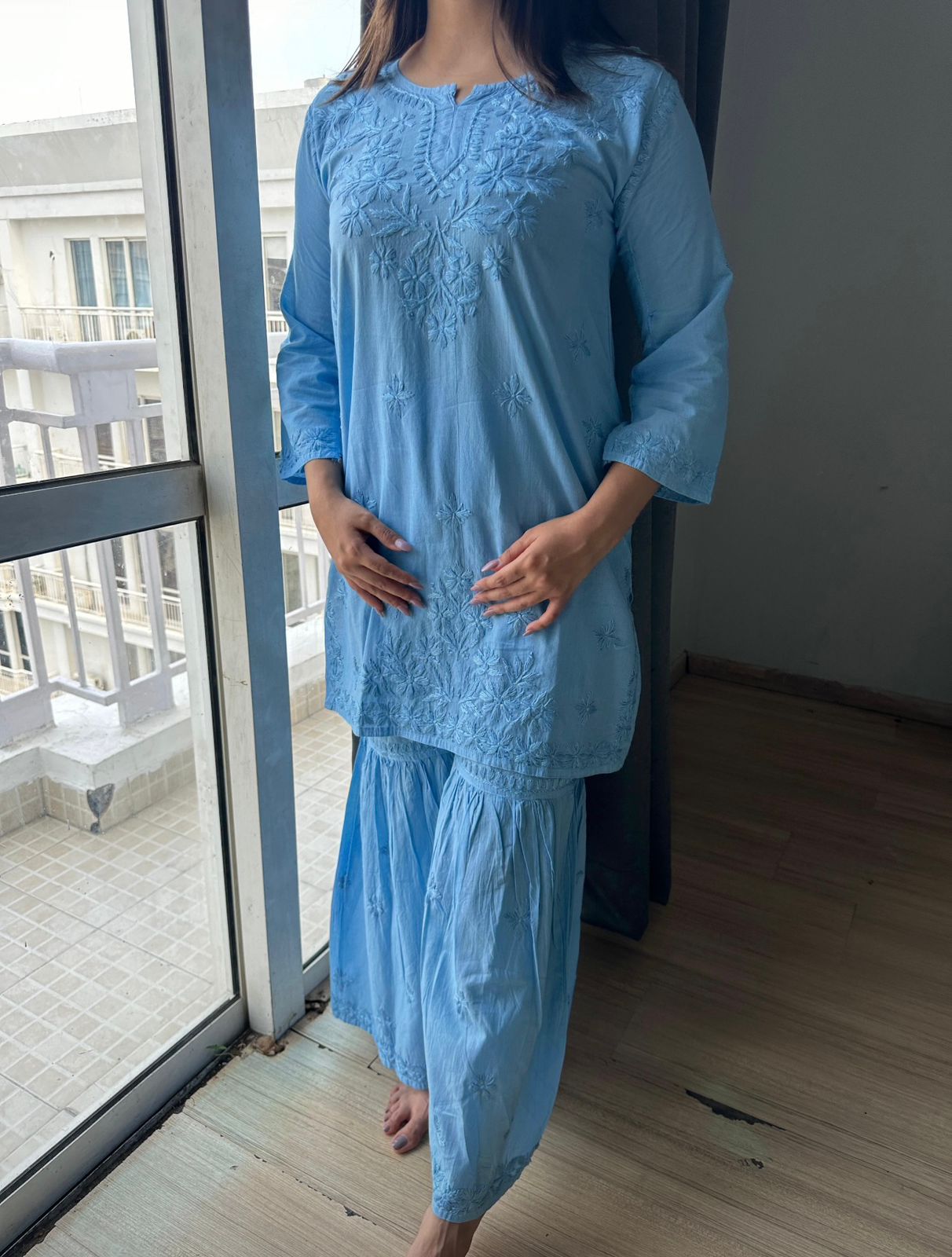 Blue Beautiful Lucknow Chikankari Work Ombre Dye Short Kurti, Garara & Dupatta Sets