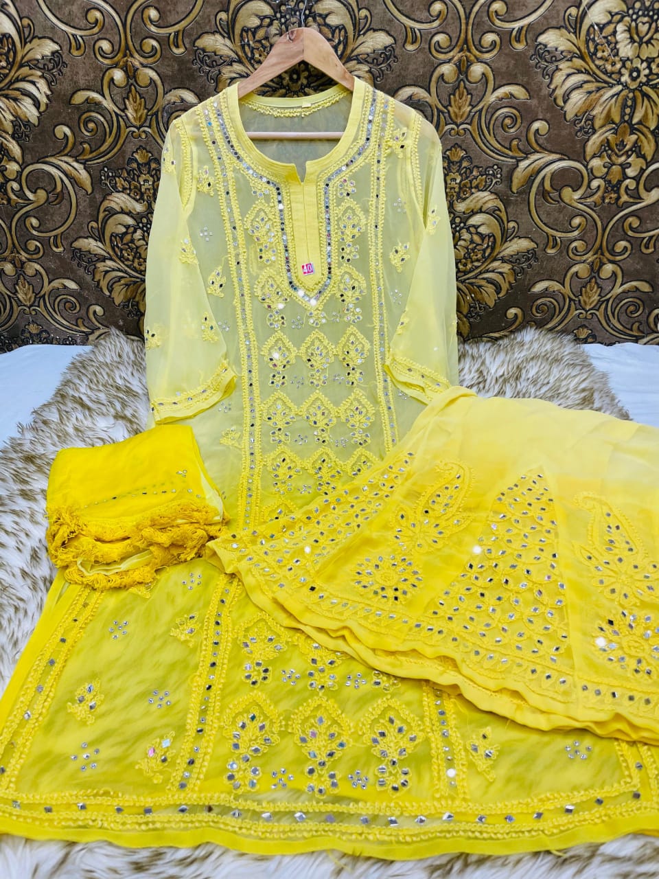 Yellow Chikankari Elegance Ombré Mirror Booti Jaal Set - Kurti, Sharara & Dupatta -(Inner Included)