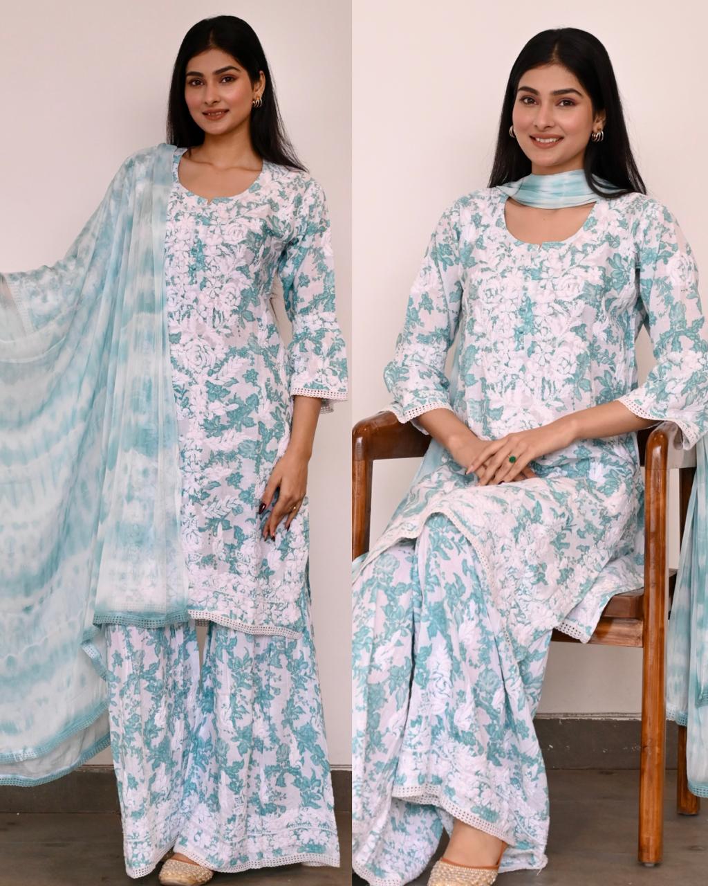 Teal Green Lucknow Chikankari Mul Mul Printed Kurti, Gharara, and Dupatta Set