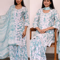 Teal Green Lucknow Chikankari Mul Mul Printed Kurti, Gharara, and Dupatta Set