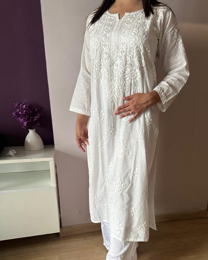 White Lucknowi Chikankari Dobby Cotton Dyed Kurta with Modal Palazzo