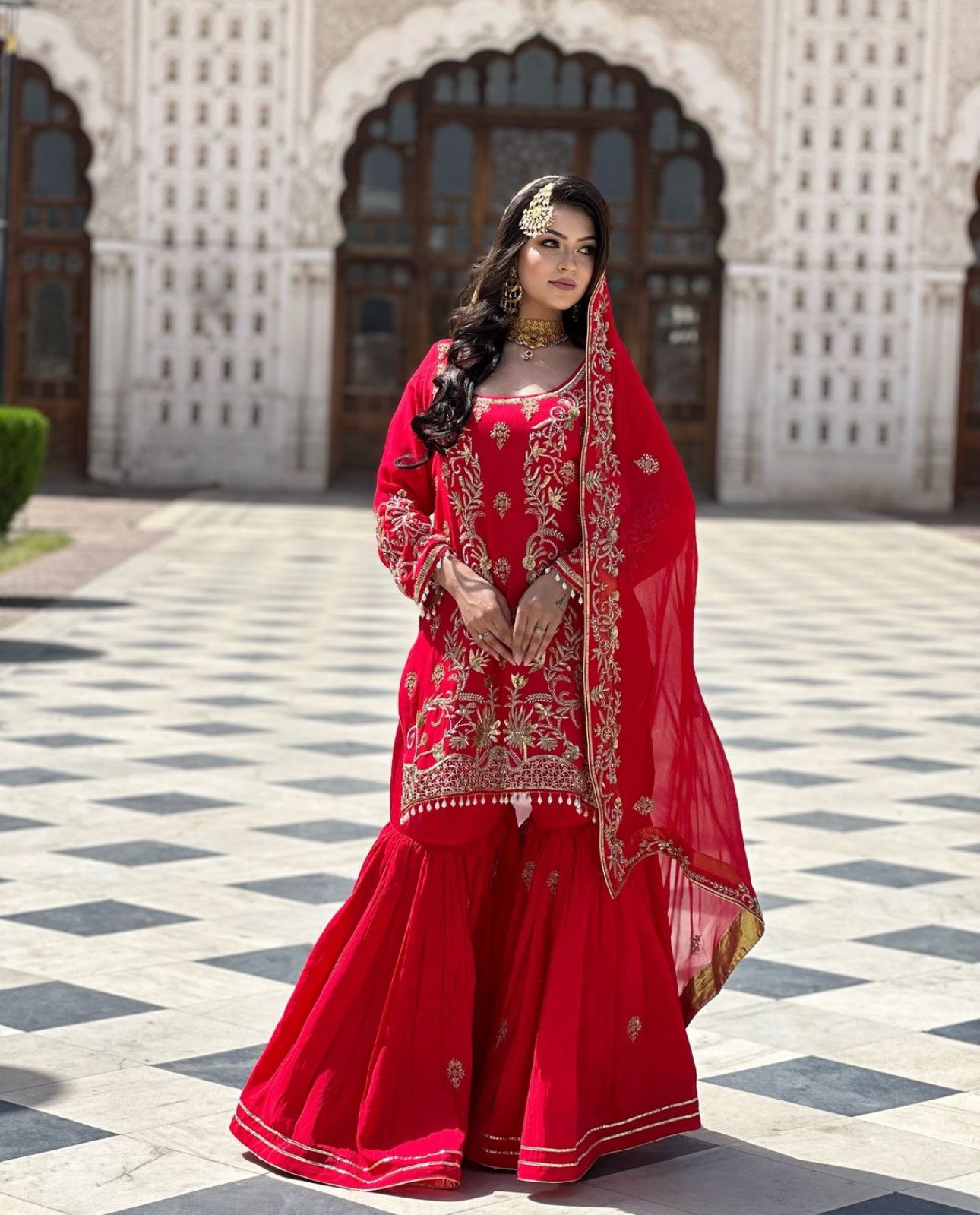 Red Pakistani Style Georgette Sharara Suit with Dupatta