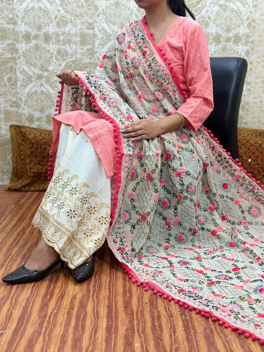 Pink Design 1 - Chikankari Kurti with Pom Pom Phulkari Dupatta and Zari Mastani Sharara Set