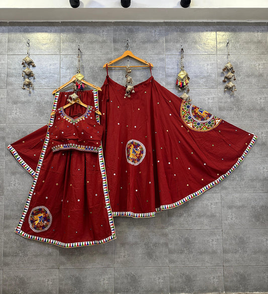 Red Pure Khadi Cotton Aari Work Navratri Chaniya Choli for Garba Dandiya