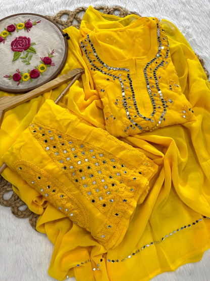 Yellow Lucknow Chikankari Mirror Work 3-Piece Sharara Set