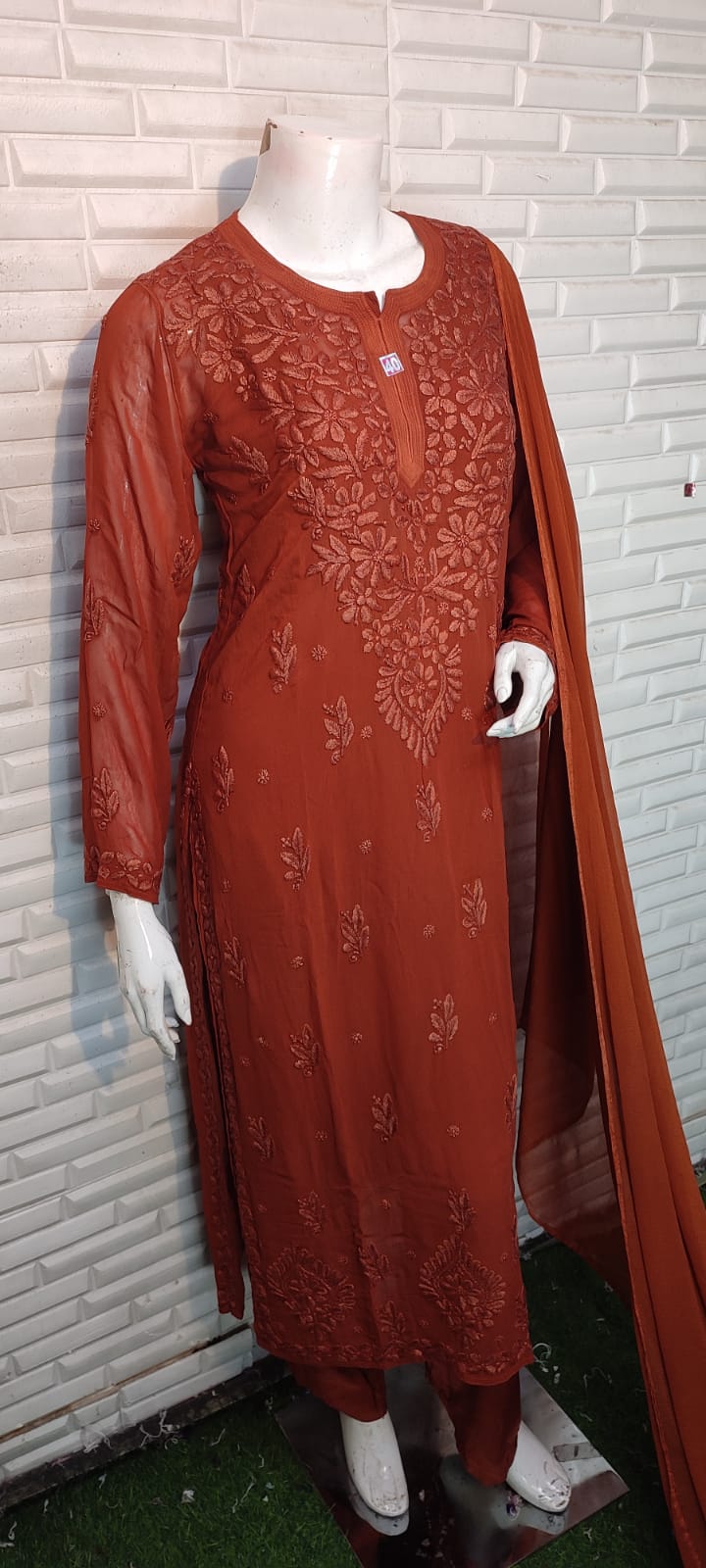 Brick Red Festive Collection: Lucknow Chikankari Pure Viscose 3D Kurti & 3-Piece Set