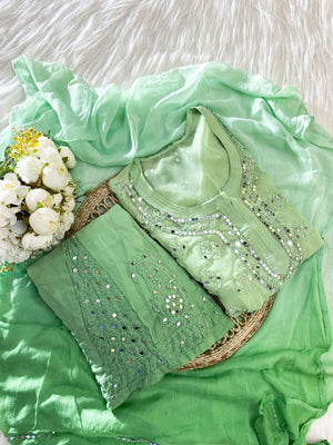 Green Chikankari Elegance Ombré Mirror Booti Jaal Set - Kurti, Sharara & Dupatta -(Inner Included))