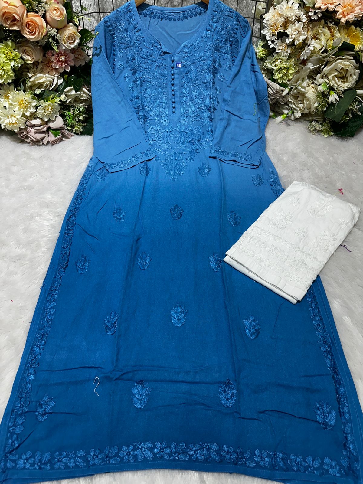 Blue Rayon Fancy Gala Booti - Lucknowi Chikankari Kurta and Pant